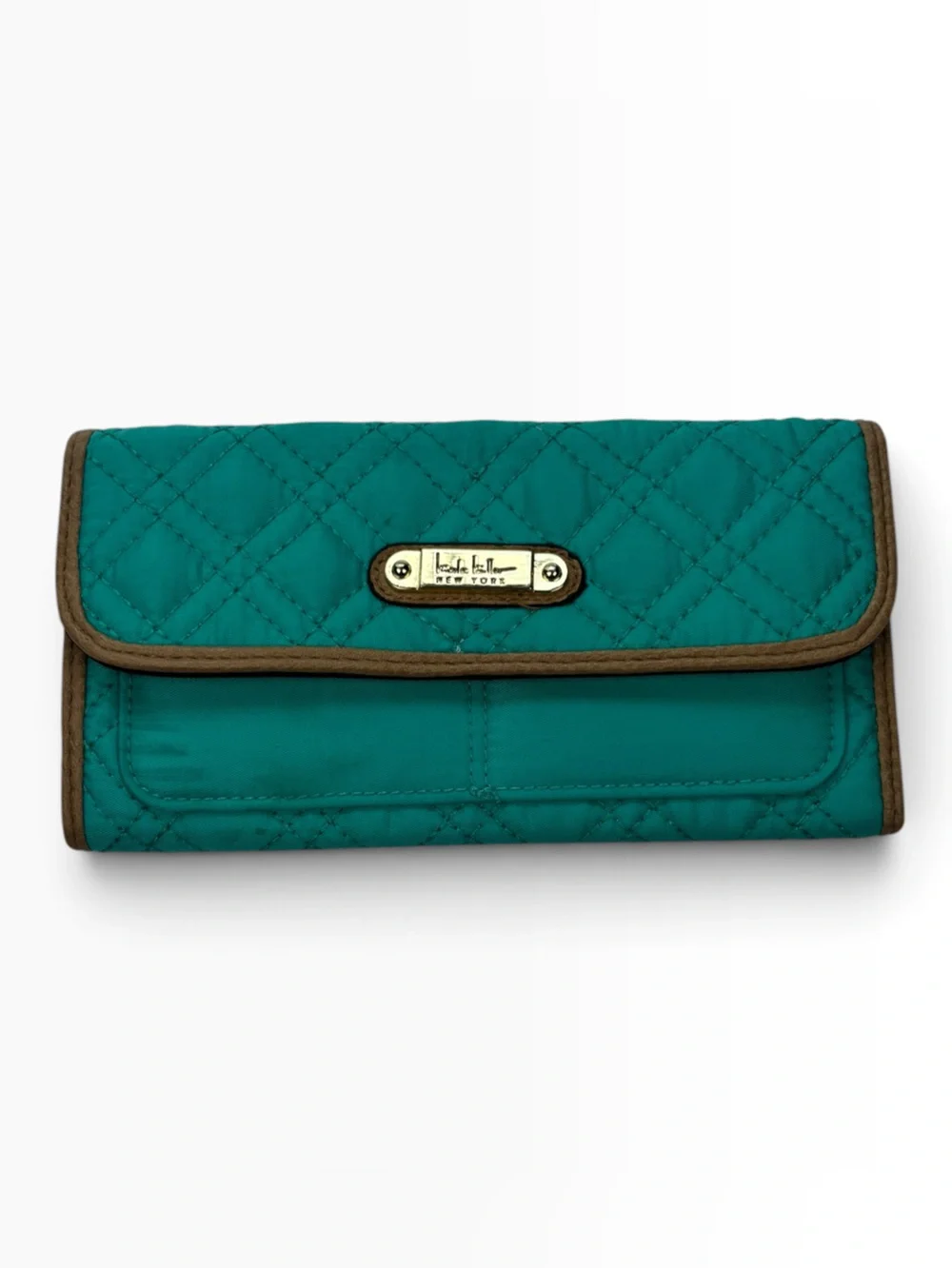 Nicole Miller Teal Quilted Wallet Tri Fold Fabric Wallet with Gold Plate
